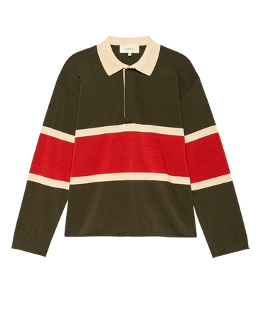 The Rugby Sweater by THE GREAT. F25 HIGH TWIST features long sleeves in army green with a beige collar and hot red stripes, made from high-twist yarn for a lightweight sweater feel, shown laid flat on a white background.