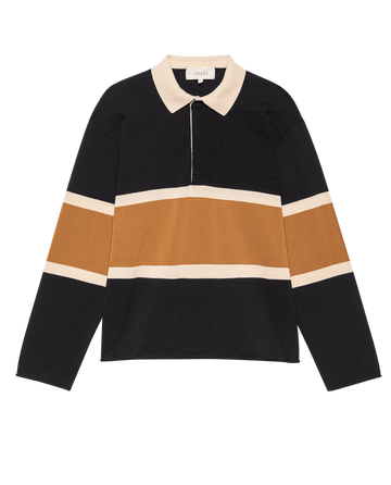 The Rugby Sweater by THE GREAT. F25 HIGH TWIST features a black base with wide bronze and beige stripes, a beige collar, dropped shoulders, and long sleeves for a relaxed fit.