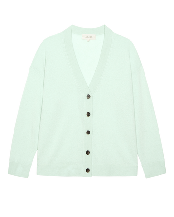 The Cashmere Slouch Cardigan in mint by THE GREAT. H25 CASHMERE, featuring a V-neck and long sleeves, is shown flat against a white background.