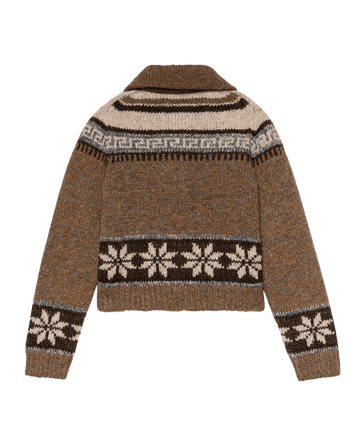 The Nordic Scholar Cardigan by THE GREAT. F25 D2—Hickory Fair Isle—features cream and dark brown geometric and snowflake patterns across the yoke, chest, and sleeves in cozy, oversized knitwear for warmth and style.