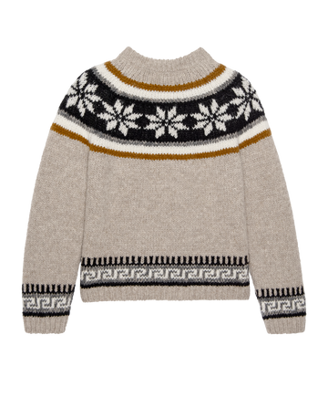 The Snowflake Fairisle Pullover in Oat by THE GREAT. H25 COLLECTION features black, white, and mustard geometric and snowflake patterns on the chest, cuffs, and hem.