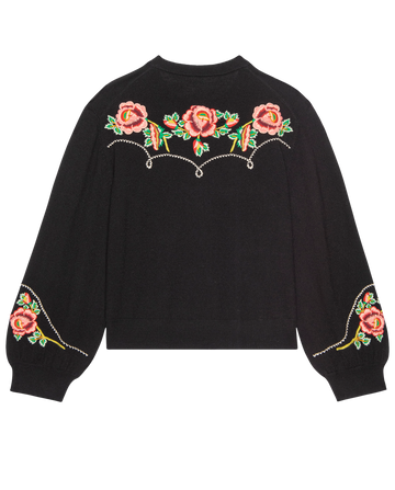 The Heirloom Rose Western Cardigan by THE GREAT. H25 COLLECTION features colorful rose embroidery and green leaves on black, with pearl-like accents on the upper back and sleeves, blending classic charm with western style.