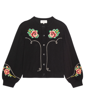 The Heirloom Rose Western Cardigan by THE GREAT. H25 COLLECTION is a black cardigan adorned with red and pink embroidered heirloom roses and green leaves on the chest and sleeves, plus decorative stitching.
