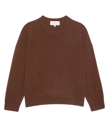 The Cashmere Crew in Chocolate by THE GREAT. H25 CASHMERE features long sleeves and a ribbed collar, cuffs, and hem, shown laid flat on a white background.