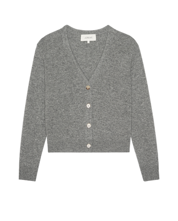 The Cashmere Tiny V Neck Cardigan by THE GREAT. PS26 in Heather Grey features long sleeves, a V-neck, and four front buttons, shown laid flat on a white background.