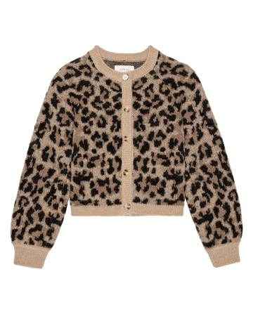 The Windsor Cardigan – Leopard by THE GREAT. H25 COLLECTION is a women's long-sleeve button-up sweater with a beige base and bold black leopard print, shown on a white background.