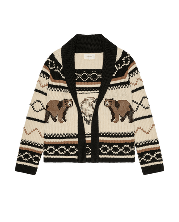 THE GREAT. F26 COLLECTORS "The Bear Lodge Cardigan" in Black, featuring beige and black knit with bear and mountain motifs, a shawl collar, and open front—an essential addition to any men’s winter sweater collection, shown laid flat on a white background.
