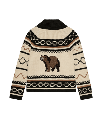 Introducing The Bear Lodge Cardigan – Black by THE GREAT. F26 COLLECTORS: this men's cardigan features a bold bear motif on the back and striking geometric patterns on the sleeves, hem, and shoulders. Designed for winter comfort and standout style, it's an ideal addition to your cold-weather wardrobe.