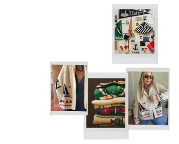 A collage shows nautical-themed sweaters, a mood board with ocean-related items, and a woman wearing a cream cardigan with anchor and sailboat designs.