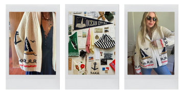 Three Polaroid-style photos: a close-up of a cream knit cardigan with sailboat design, a nautical-themed collage, and a woman wearing the same cardigan with sunglasses.