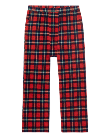 The Plush Fleece Pajama Pant in Cedarwoods Plaid by THE GREAT. H25 SLEEP features red, black, and green plaid with an elastic waistband, shown laid flat on a white background.
