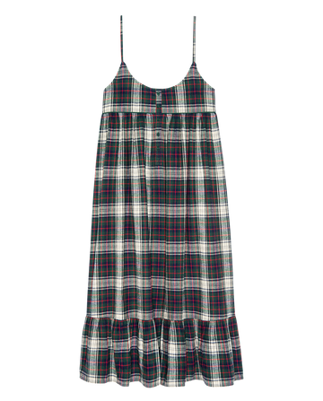 The Flannel Ruffle Tank Night Dress from THE GREAT. H25 SLEEP in Pine Lodge Plaid features a sleeveless design with spaghetti straps, an empire waist, ruffled hem, and dark green, navy, and white checks.