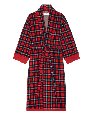 The Plush Fleece Robe—Cedarwoods Plaid by THE GREAT. H25 SLEEP features red and black plaid plush fleece, long sleeves, solid red cuffs, and a waist belt tie, shown laid flat on a white background.
