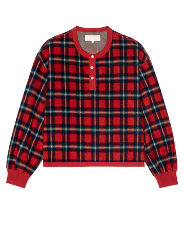 The Plush Fleece Henley Sleep Sweatshirt—Cedarwoods Plaid by THE GREAT. H25 SLEEP features long sleeves, a red plaid pattern, round collar, three front buttons, and red cuffs and hem.
