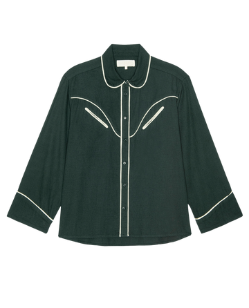 The Flannel Western Pajama Shirt in Pine & Cream by THE GREAT. H25 SLEEP features long sleeves with white piping on the collar, chest, and cuffs.