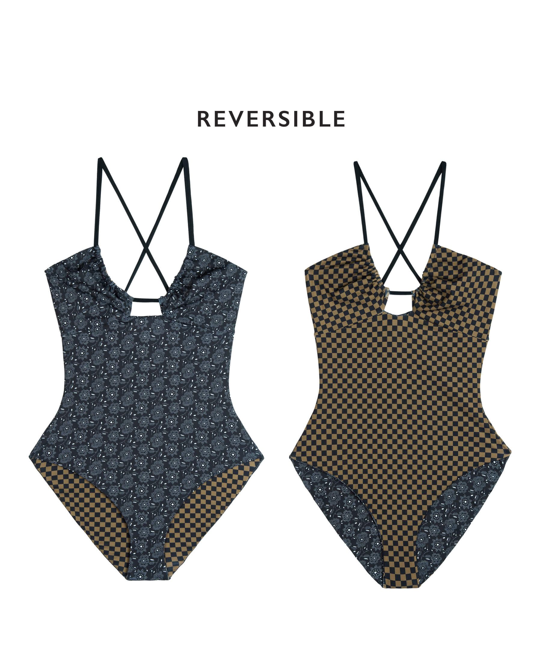 The Reversible Keyhole One Piece. -- Black Bandana Daisy and Bronze Check SWIM ONE PIECES THE GREAT. SP24 SWIM