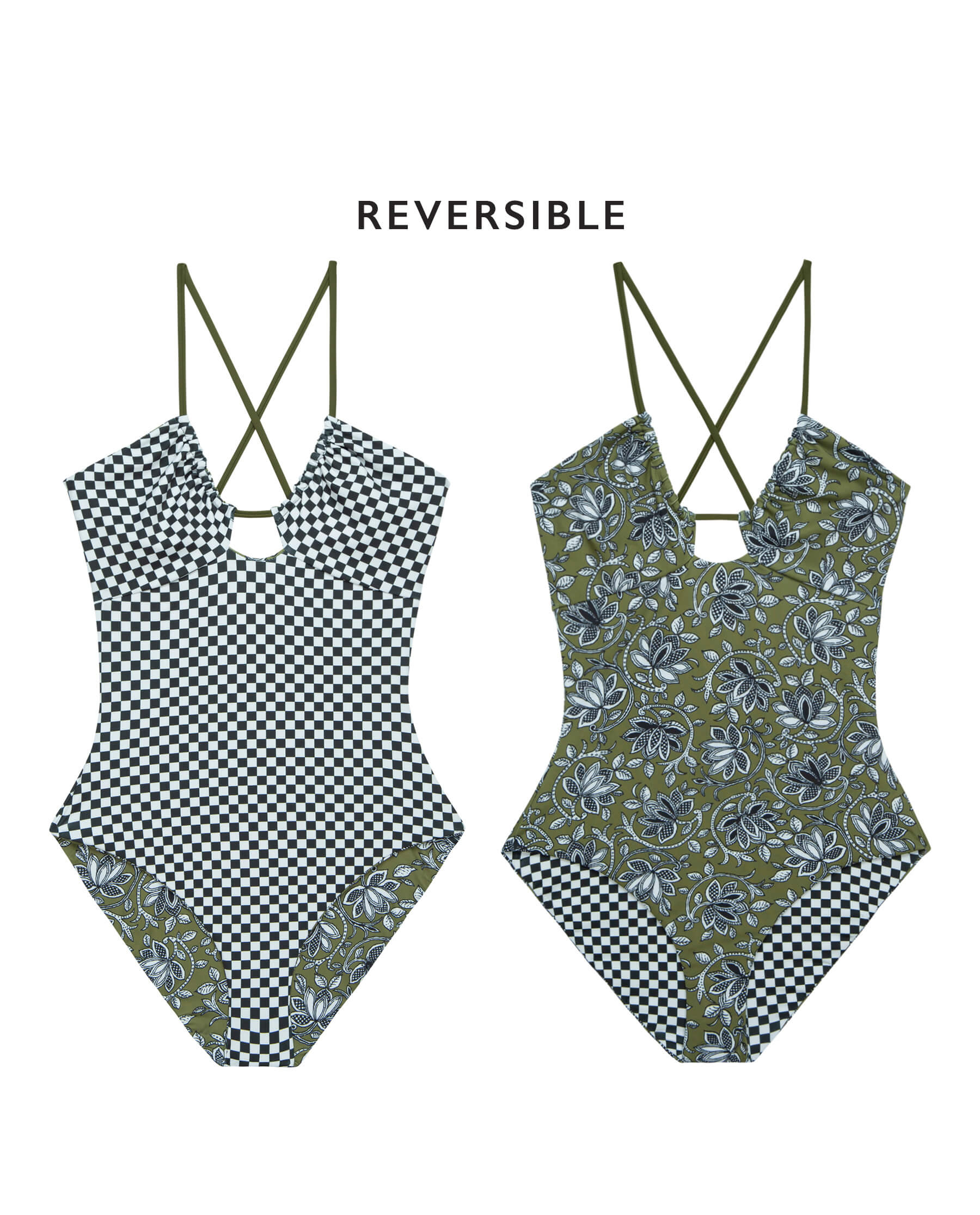 The Reversible Keyhole One Piece. -- Army Oasis Floral and Black Check SWIM ONE PIECES THE GREAT. SP24 SWIM