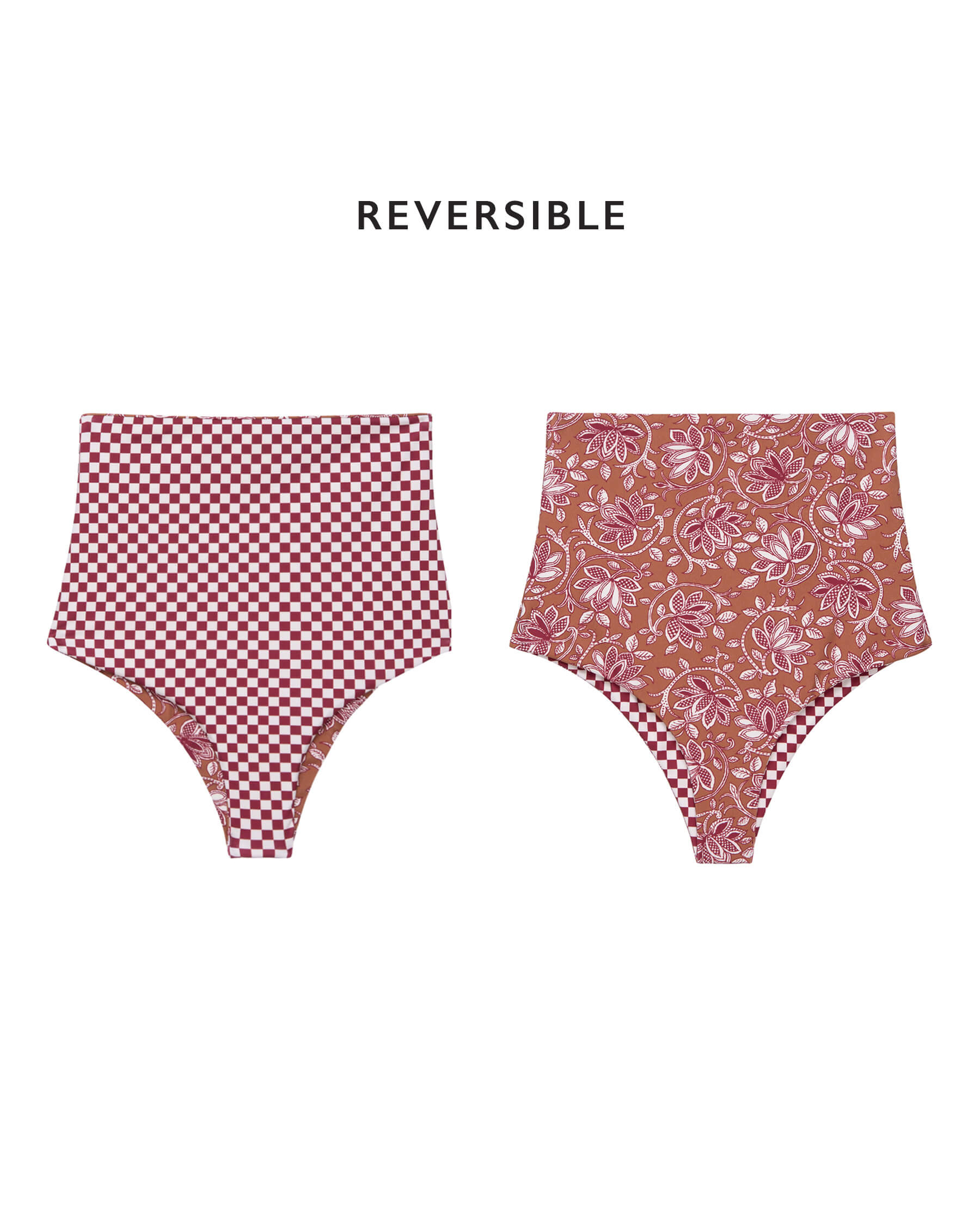 The Reversible High-Rise Brief. -- Ruby Check and Golden Sands Oasis Floral SWIM BOTTOMS THE GREAT. SP24 SWIM
