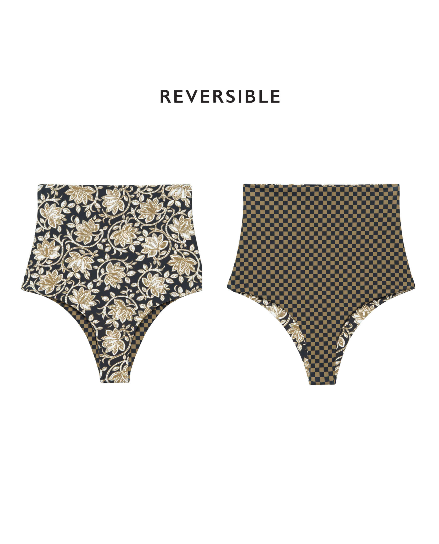 The Reversible High-Rise Brief. -- Black Oasis Floral and Bronze Check SWIM BOTTOMS THE GREAT. SP24 SWIM