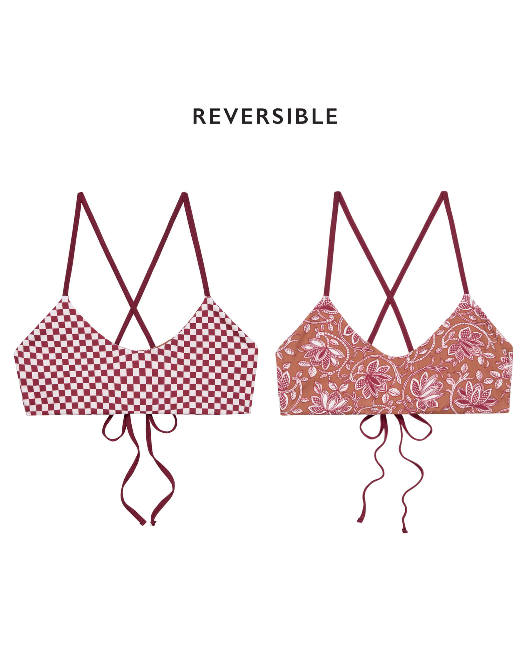 The Reversible Bralette. -- Ruby Check and Golden Sands Oasis Floral SWIM TOPS THE GREAT. SP24 SWIM