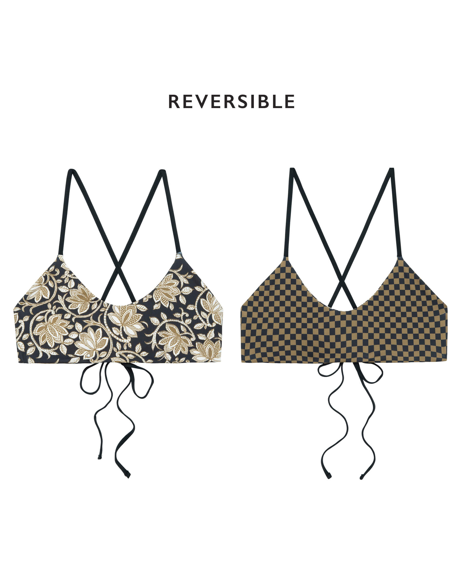 The Reversible Bralette. -- Black Oasis Floral and Bronze Check SWIM TOPS THE GREAT. SP24 SWIM
