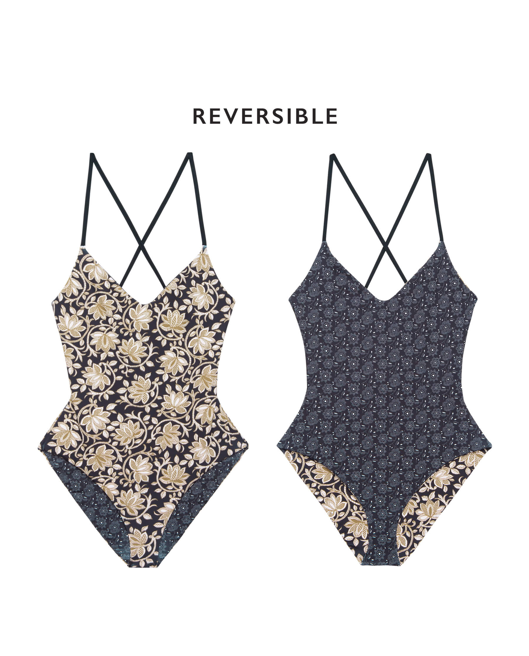 The Reversible Lace Up One Piece. -- Black Oasis Floral and Black Bandana Daisy SWIM ONE PIECES THE GREAT. SP24 SWIM