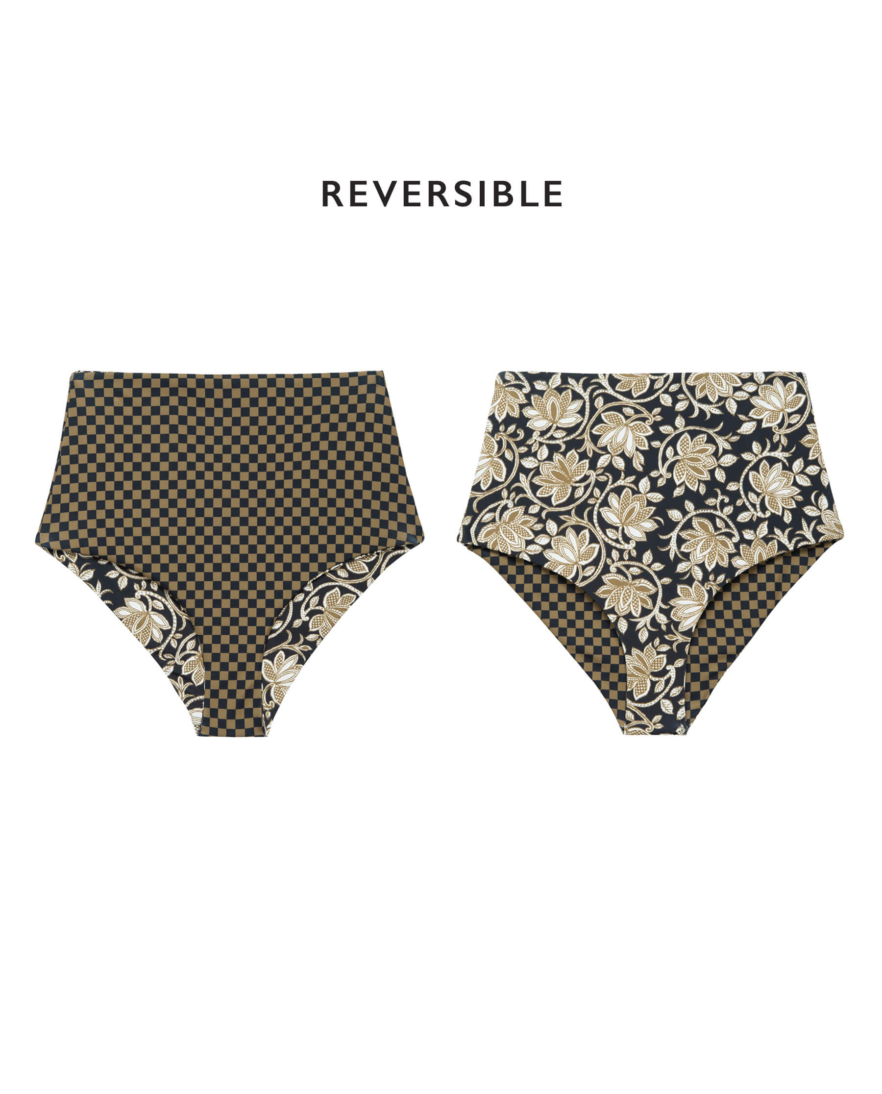 The Reversible Mid-Rise Brief. -- Black Oasis Floral and Bronze Check SWIM BOTTOMS THE GREAT. SP24 SWIM
