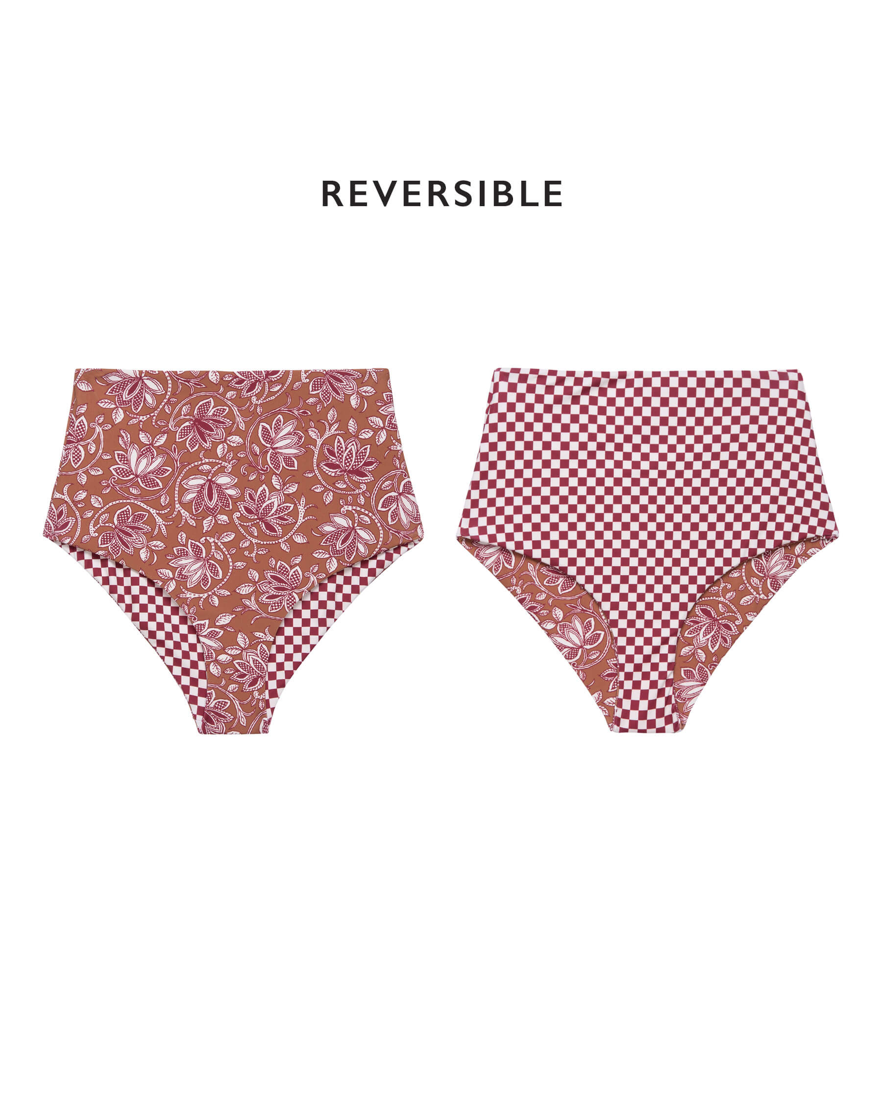 The Reversible Mid-Rise Brief. -- Ruby Check and Golden Sands Oasis Floral SWIM BOTTOMS THE GREAT. SP24 SWIM