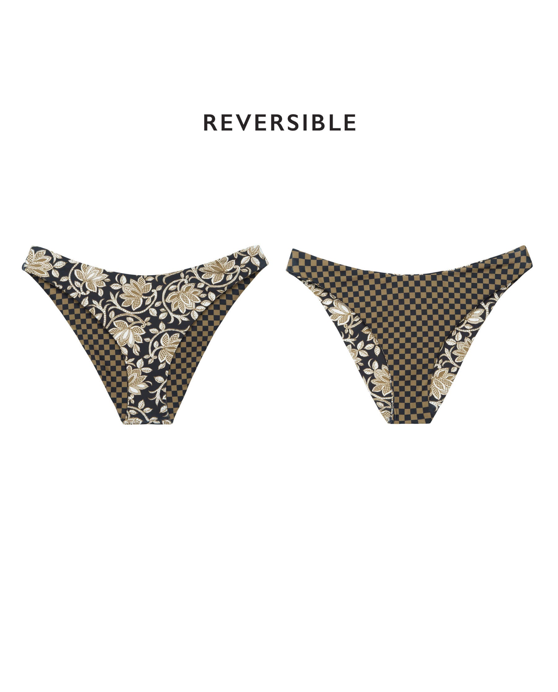 The Reversible Cheeky Brief. -- Black Oasis Floral and Bronze Check SWIM BOTTOMS THE GREAT. SP24 SWIM