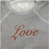 Gray sweatshirt with "Love" written in red cursive on the front.
