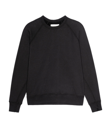 The Fleece College Sweatshirt in Almost Black by THE GREAT. H25 CORE FLEECEBACK features long sleeves and a classic crewneck, shown laid flat on a white background.