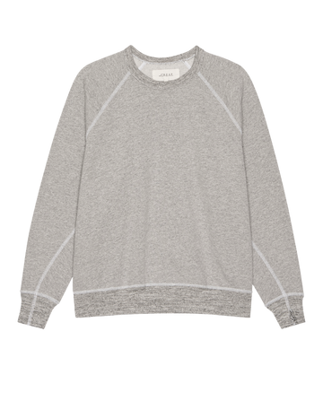 The Fleece College Sweatshirt by THE GREAT. H25 CORE FLEECEBACK, in heather grey, features long sleeves and visible stitching, shown laid flat on a white background.
