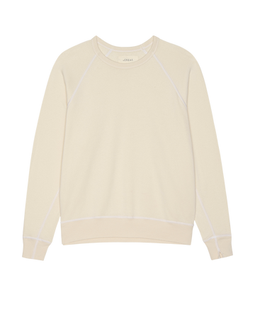The Fleece College Sweatshirt in Washed White by THE GREAT. H25 CORE FLEECEBACK, a plain long-sleeve crewneck fleece pullover, is laid flat on a white background.