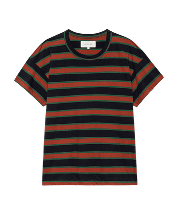 The Boxy Crew. Novelty -- Navy Bridle Stripe by THE GREAT. F25 D2 is a vintage-style short sleeve tee with horizontal navy, green, and red stripes, shown laid flat on a white background.