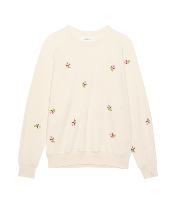 The College Sweatshirt. Embroidered -- Washed White With Embroidered Roses