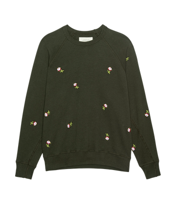 The College Sweatshirt. Embroidered -- Woodland Green With Embroidered Roses