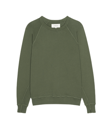 The College Sweatshirt in Heritage Army by THE GREAT. SU25 SEASONAL KNITS: a solid olive green crewneck with long sleeves and ribbed trim—ideal for student comfort or upgrading your college apparel collection.