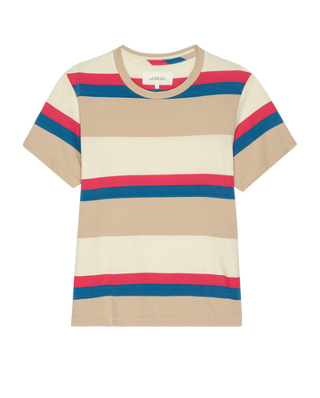The Little Tee. Novelty -- Study Hall Stripe by THE GREAT. PS26 features short sleeves and horizontal beige, cream, blue, and red stripes on white—a vintage-inspired men's crew neck perfect as an undershirt or stylish layer.