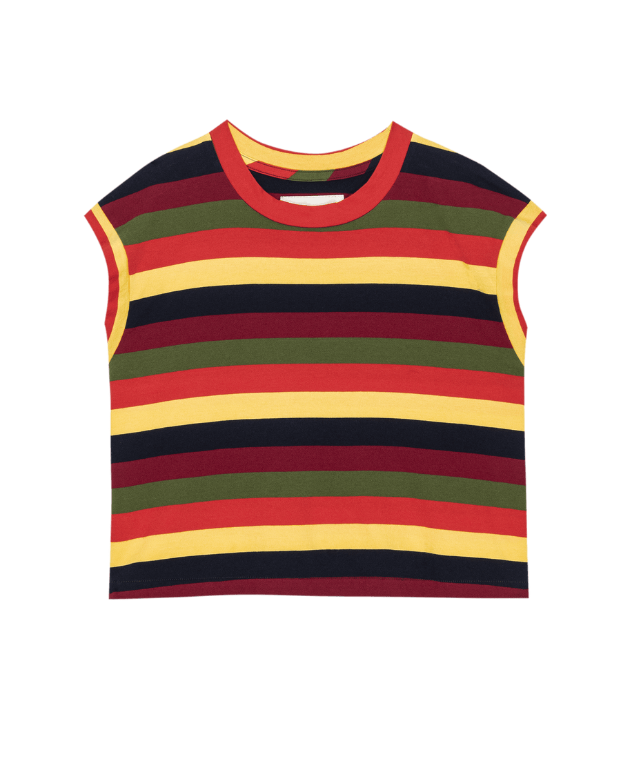 The Square Tee. Novelty -- Playa Stripe by THE GREAT. SU25 is a short-sleeved crewneck with bold yellow, red, green, and black horizontal stripes—an eye-catching addition to any wardrobe.