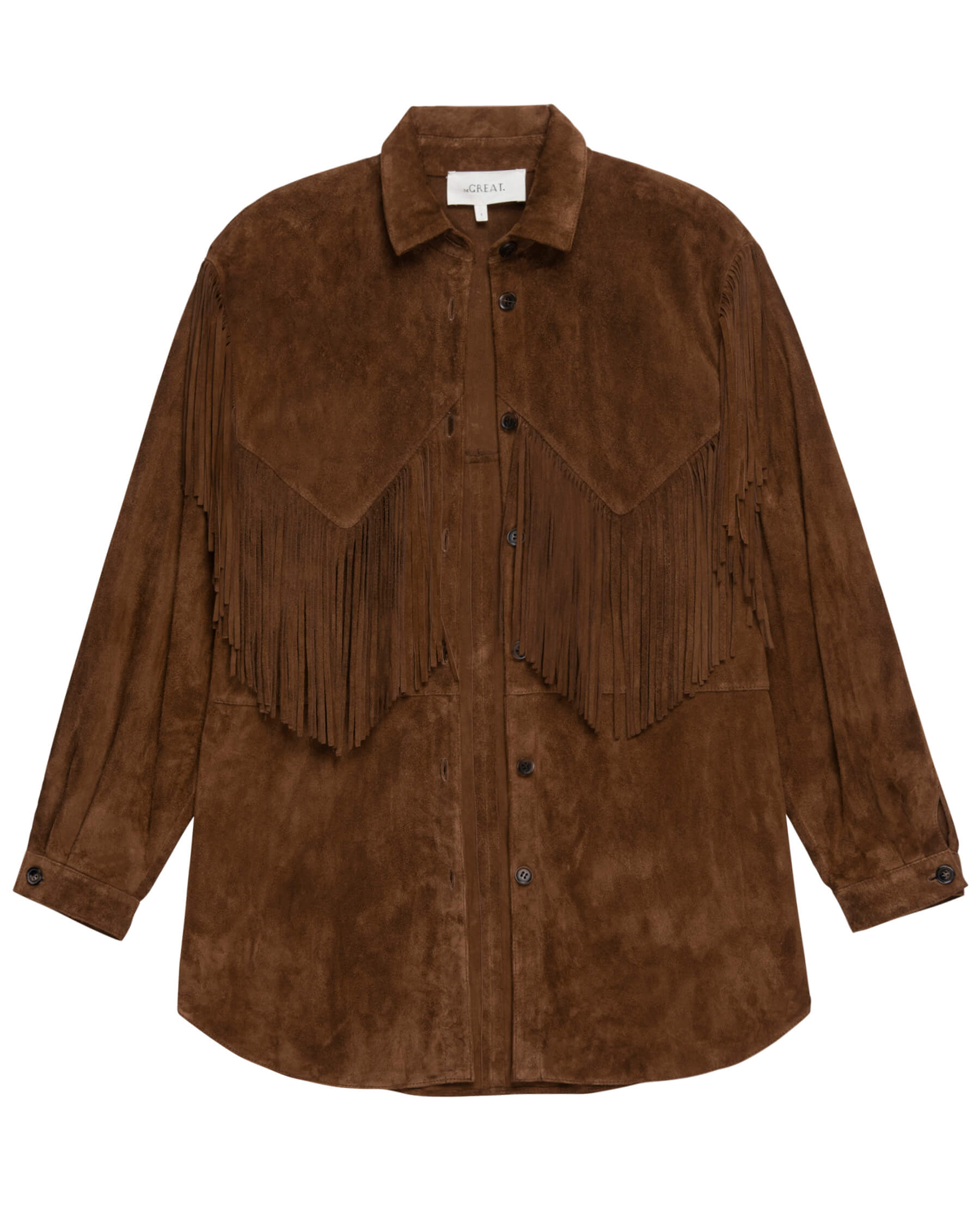The Suede Fringe Shirt Jacket. -- Cognac JACKET THE GREAT. SP24 D1