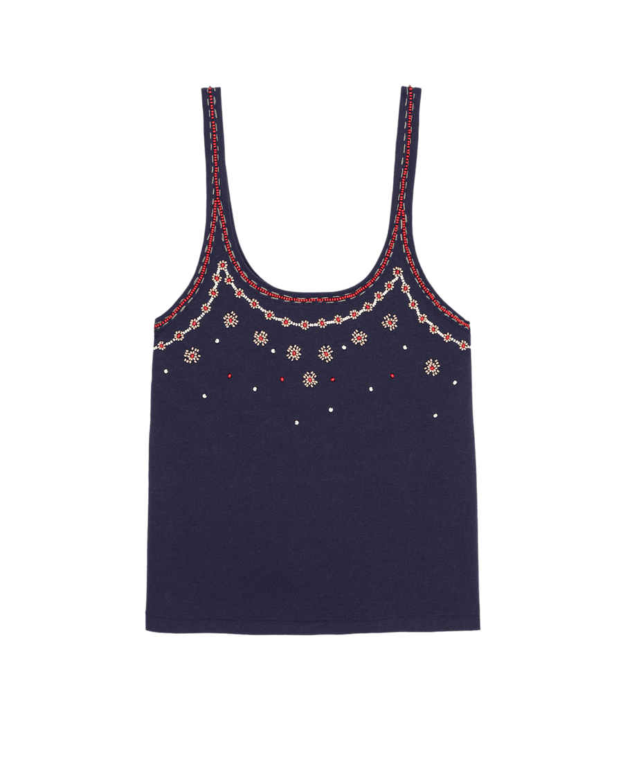 The Beaded Slim Tank by THE GREAT. SU25 in navy features red, white, and blue embroidered patterns along the neckline and upper chest.