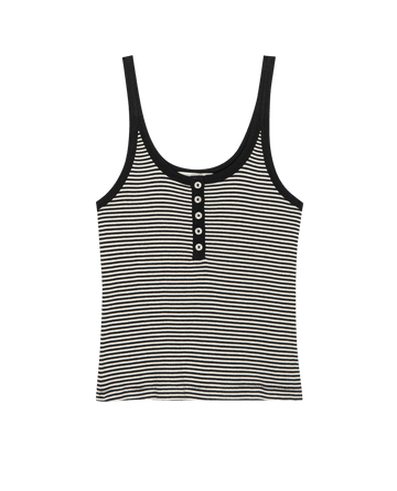 THE GREAT. PF25 The Henley Slim Tank in Black & Cream Stripe features a sleeveless design with a scoop neckline and five front buttons.