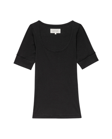 The Baby Rib Ballet Tee in Almost Black by THE GREAT. SU25 BABY RIB features a short-sleeve, scoop-neck design in soft baby rib fabric and is shown laid flat on a plain background.