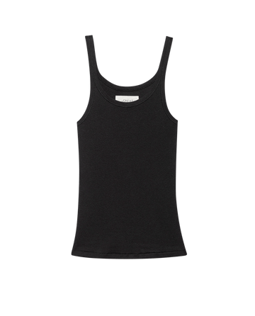The Baby Rib Tank in Almost Black by THE GREAT. SU25 BABY RIB, featuring thin shoulder straps, is laid flat on a plain background.