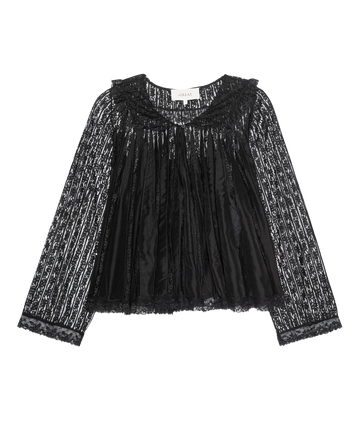The Keepsake Lace Collared Top by THE GREAT. H25 COLLECTION features sheer lace sleeves, a lace collar and trim, and a loose, flowy fit in black—an essential keepsake piece for any wardrobe.