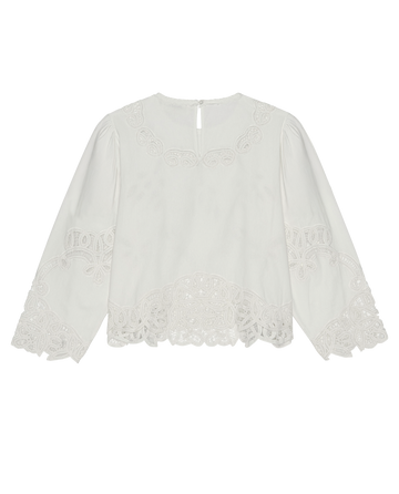 The Picnic Top in cream by THE GREAT. PS26 is made from structured cotton and features delicate crochet lace trim.