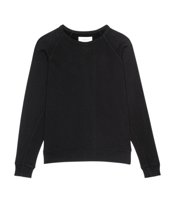 The Fleece Rookie Sweatshirt by THE GREAT. H25 CORE FLEECEBACK in Almost Black, featuring long sleeves and a crewneck, is laid flat on a white background.