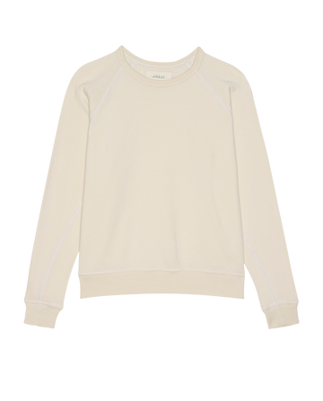 THE GREAT. H25 CORE FLEECEBACK: The Fleece Rookie Sweatshirt in Washed White—a long-sleeve, crewneck classic shown flat on a white background.