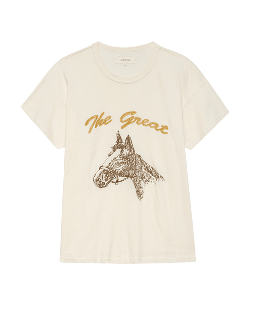 The Boxy Crew. Embroidered -- Washed White with Spice Horse Embroidery