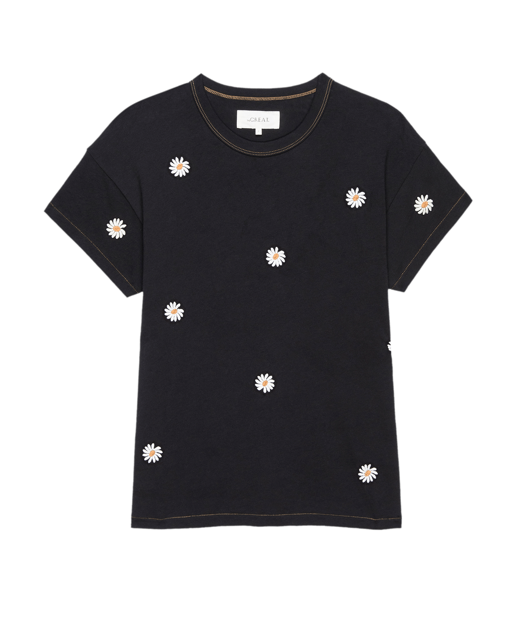 The Boxy Crew. Embroidered -- Almost Black with Daisy Embroidery TEES THE GREAT. PF24